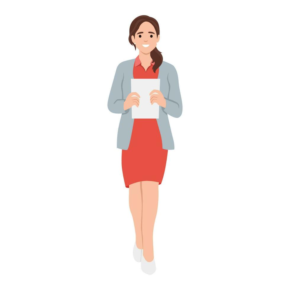 Pensive employee or business woman holding document. Young female character carrying papers. Portrair of adult modern woman in casual clothes. Smiling girl with sheet of paper vector