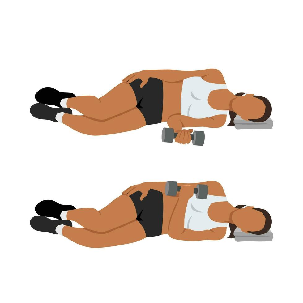 Woman doing laying dumbbell internal shoulder rotation. vector
