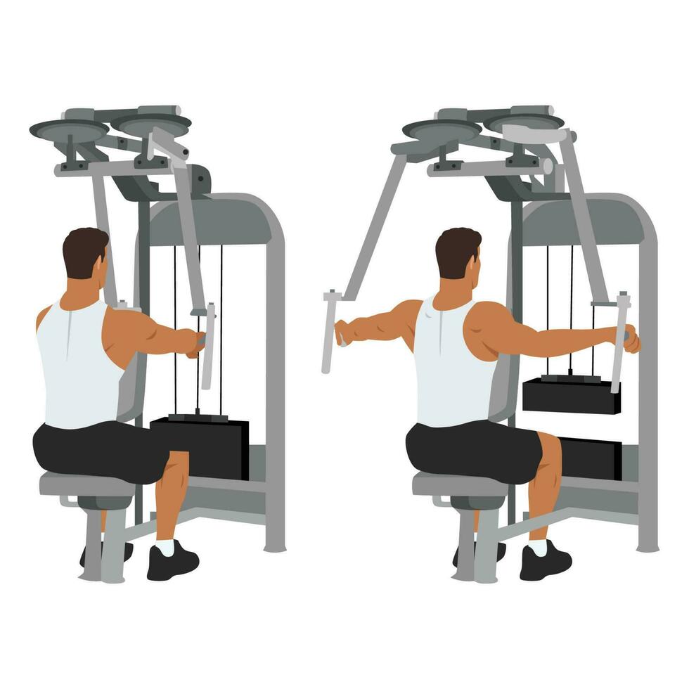 hombre haciendo posterior delt máquina moscas ejercicio. vector