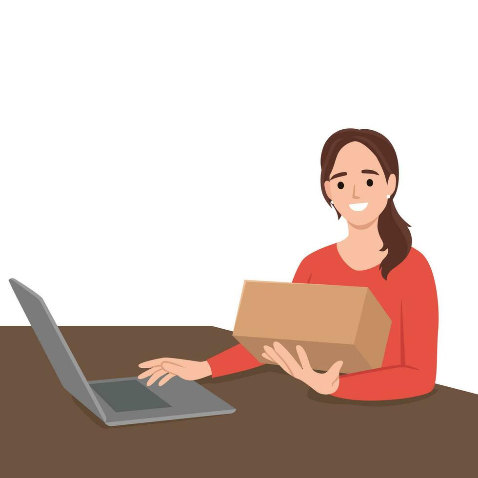 Happy and surprised girl opening gift in front of laptop vector