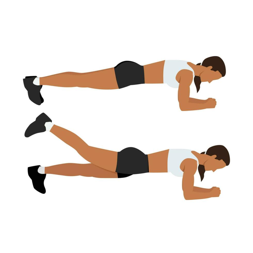 Exercise guide by Woman doing Plank leg raises in 2 steps. Flat vector