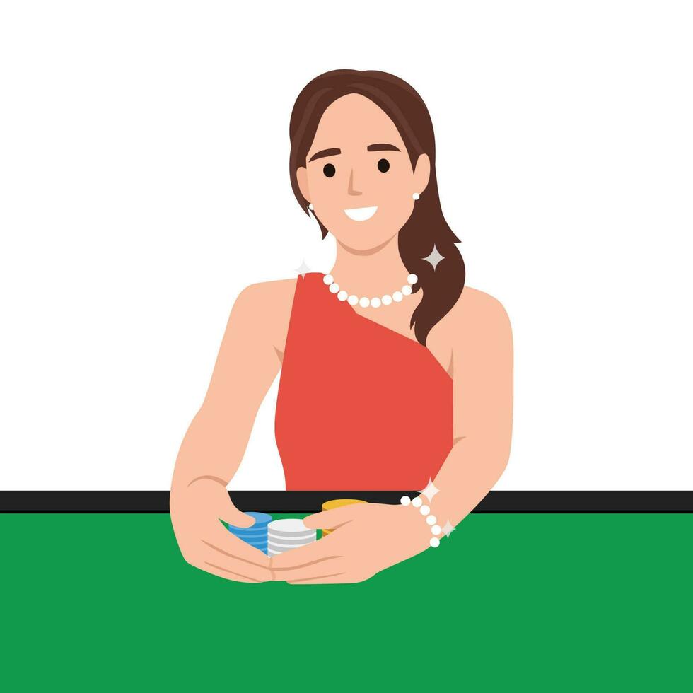 Woman sit on table in casino playing game for money. Smiling female in dress gambling in gaming house. Addiction and entertainment. vector