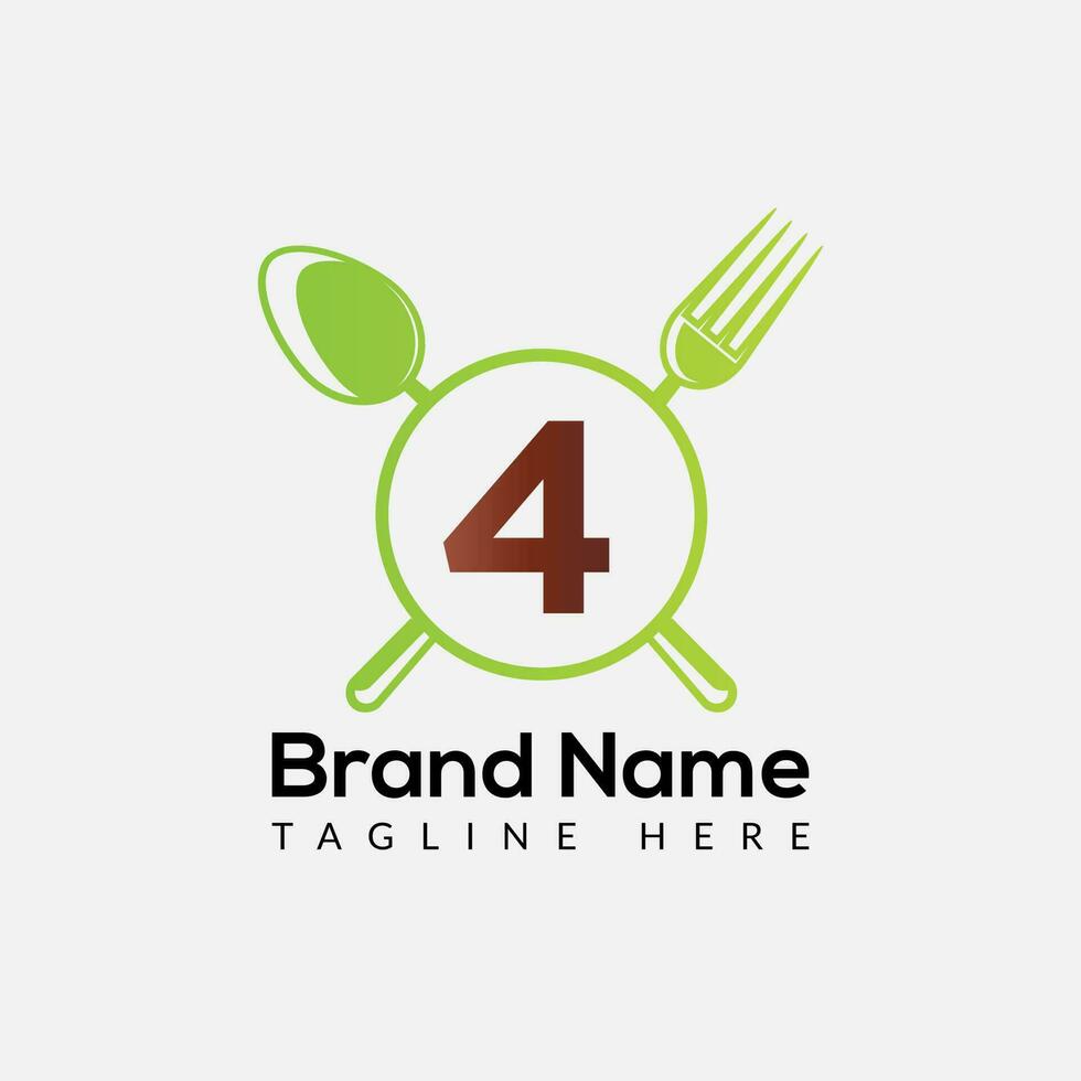 Restaurant Logo On Letter 4 Template. Food On 4 Letter, Initial Chef Sign Concept vector