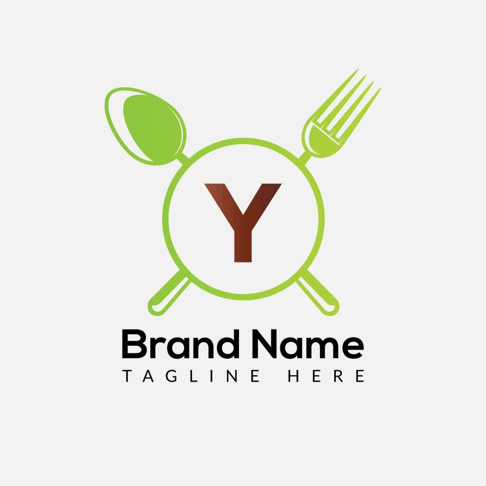 Restaurant Logo On Letter Y Template. Food On Y Letter, Initial Chef Sign Concept vector