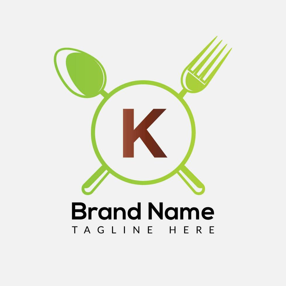 Restaurant Logo On Letter K Template. Food On K Letter, Initial Chef Sign Concept vector