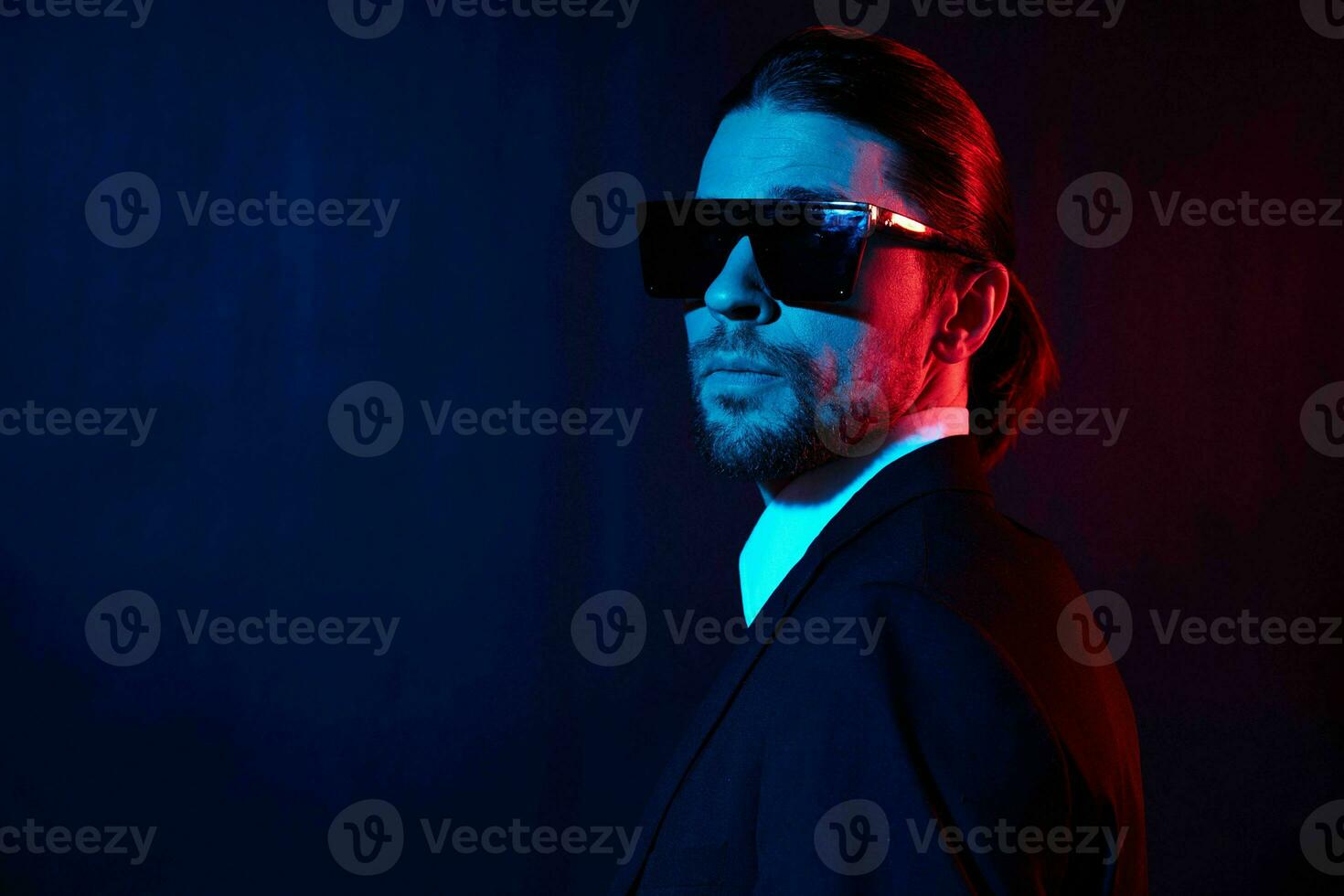 businessmen modern style suit fashion sunglasses dark background photo