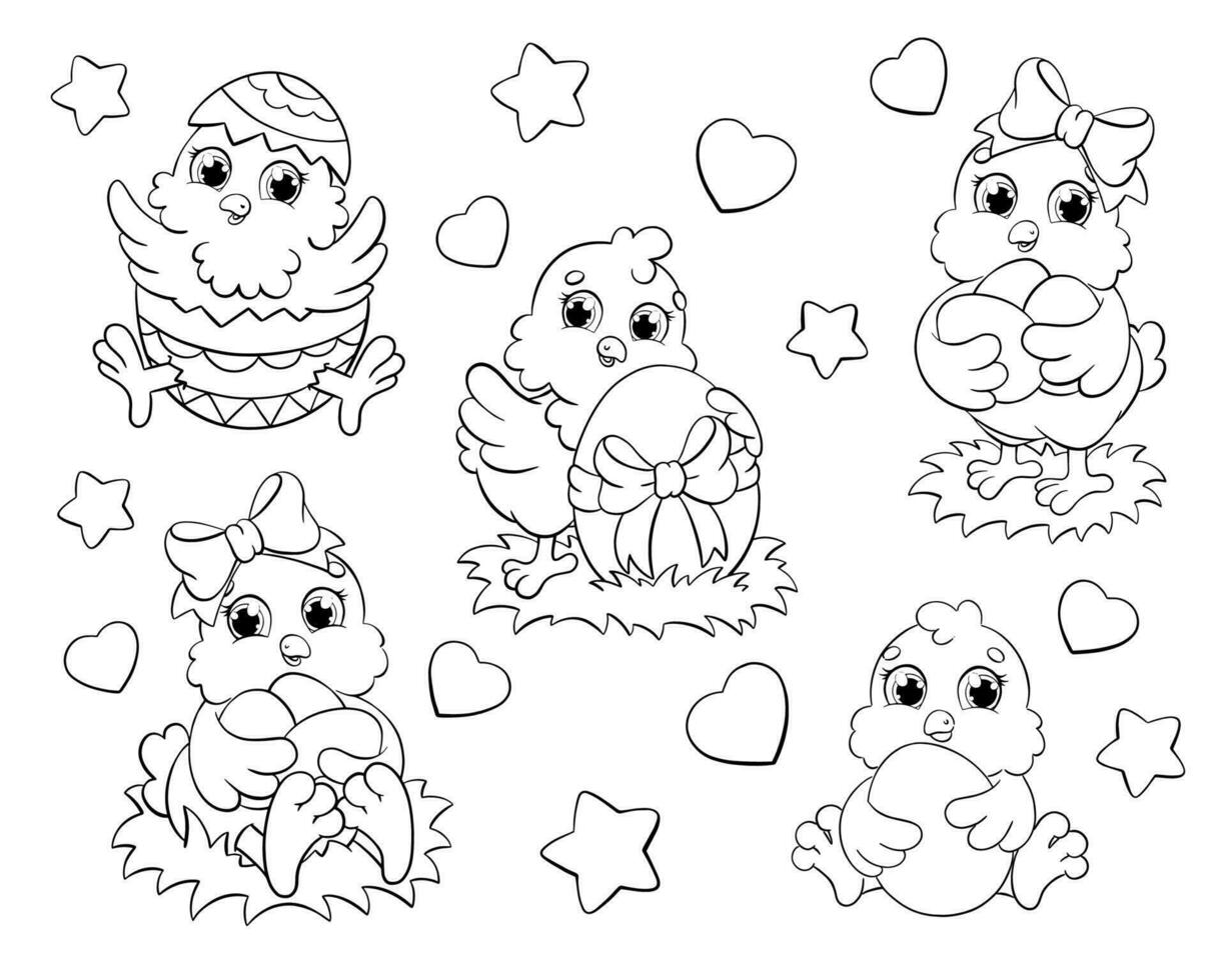 Set of cute Easter chickens. Farm birds. Coloring book page for kids. Cartoon style character. Vector illustration isolated on white background.