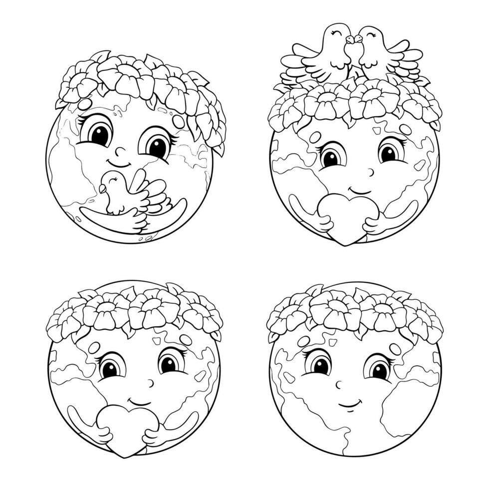 Set of cute planets for Earth Day. Coloring book page for kids. Cartoon style character. Vector illustration isolated on white background.