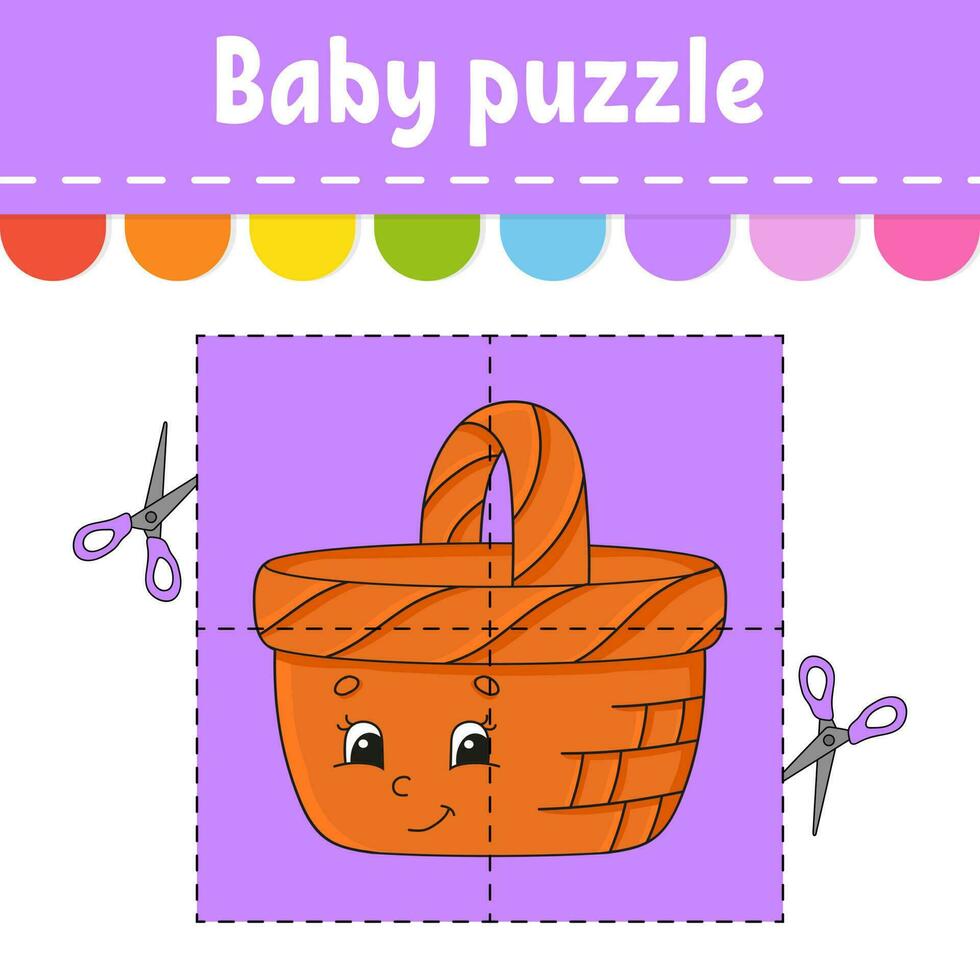 Baby puzzle. Easy level. Flash cards. Cut and play. Color activity worksheet. Game for children. cartoon character. Vector illustration.