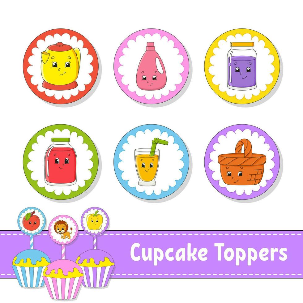 Cupcake Toppers. Set of six round pictures. cartoon characters. Cute image. For birthday, baby shower. Isolated on white background. Vector illustration.