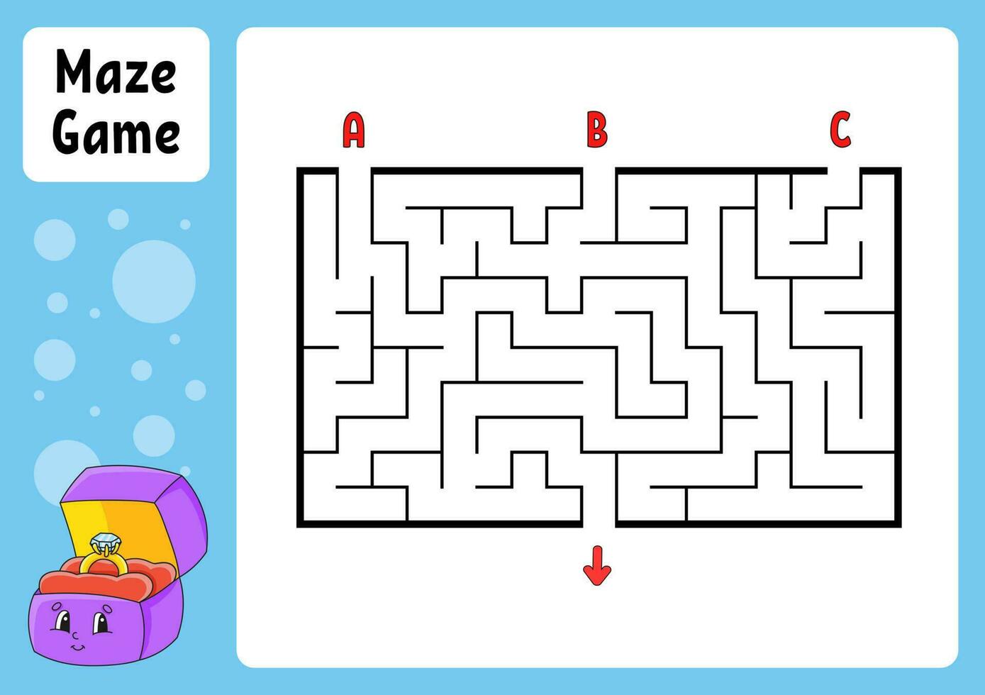 Rectangle maze. Game for kids. Three entrances, one exit. Education worksheet. Puzzle for children. Labyrinth conundrum. Find the right path. cartoon character. Vector illustration.