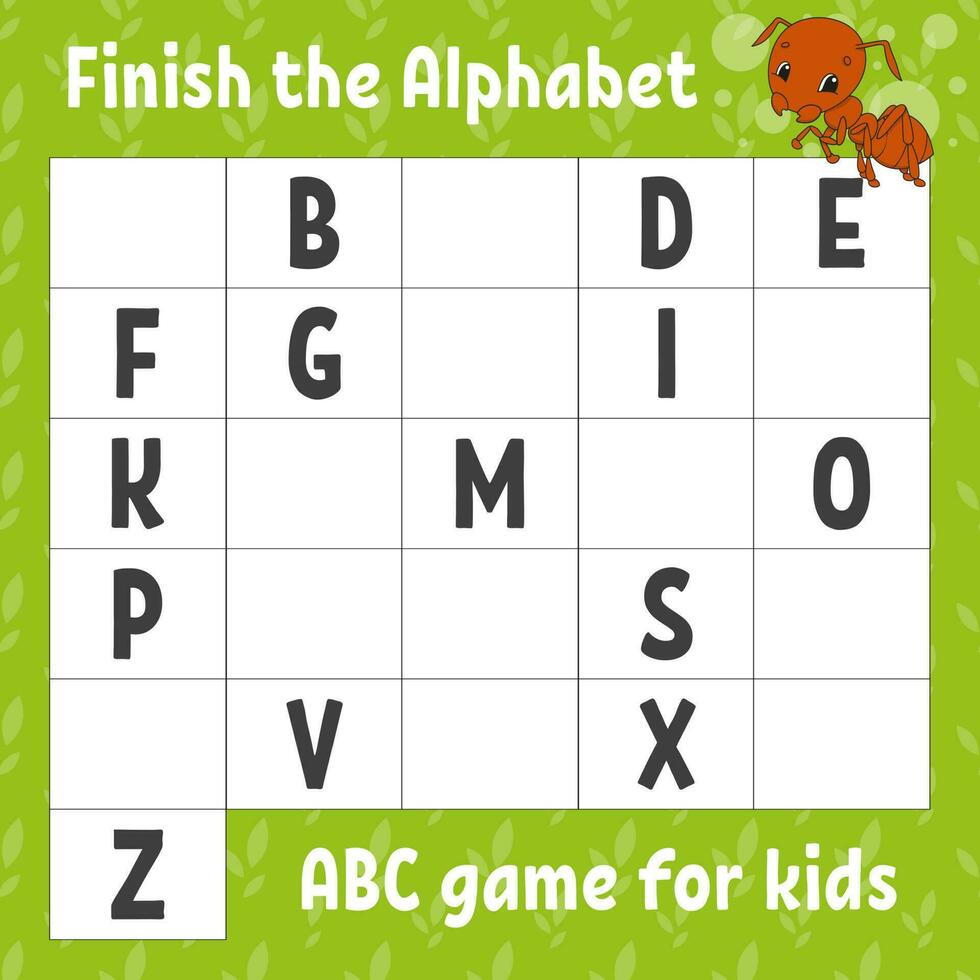 Finish the alphabet. ABC game for kids. Education developing worksheet. Learning game for kids. Color activity page. Vector illustration.