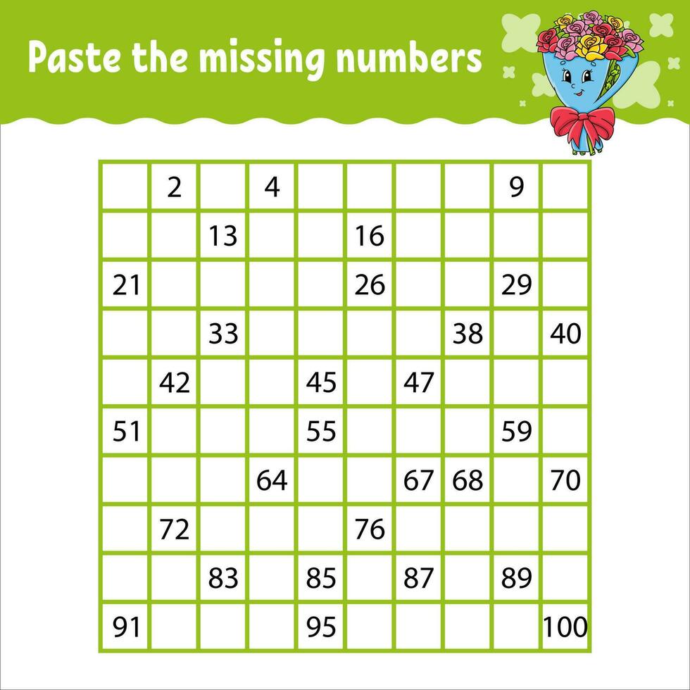 Paste the missing numbers from 1 to 100. Handwriting practice. Learning numbers for kids. Education developing worksheet. Activity page. Isolated vector illustration in cute cartoon style.