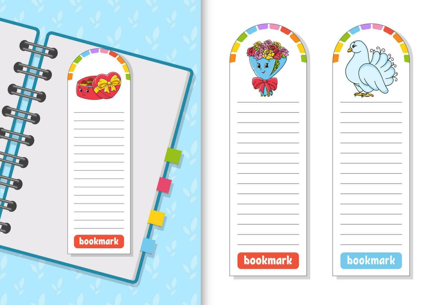 Set of paper bookmarks for books with cute cartoon characters. For kids. Isolated on white background. Vector illustration.