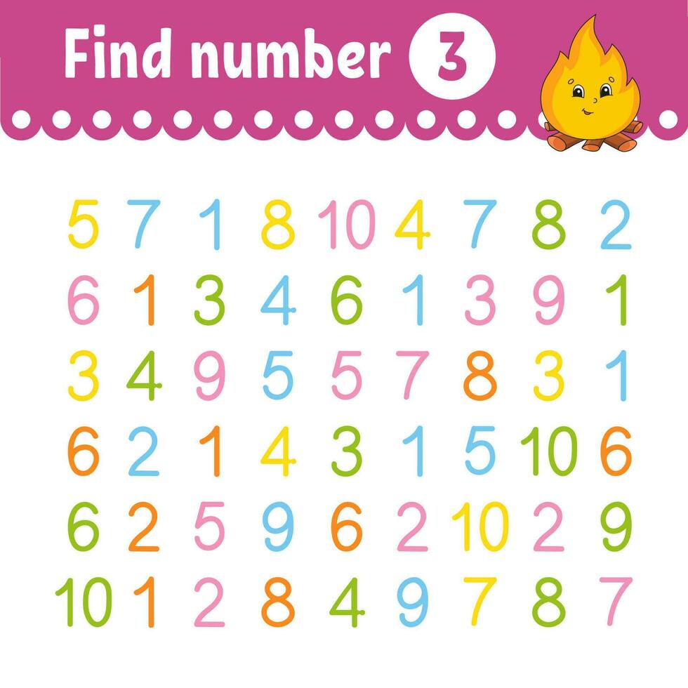 Find number. Education developing worksheet. Activity page with pictures. Game for children. Funny character. cartoon style. Vector illustration.