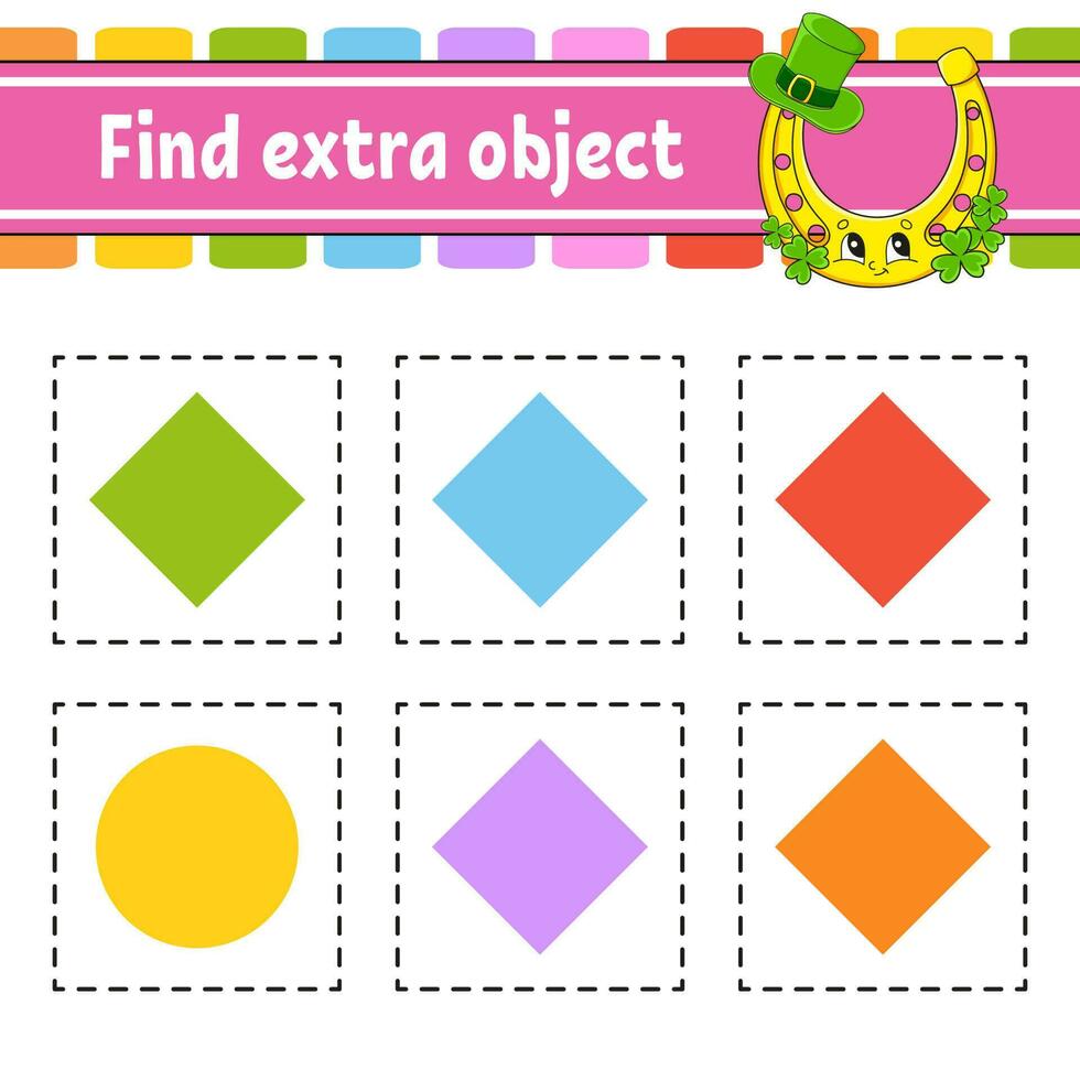 Find extra object. Educational activity worksheet for kids and toddlers. Game for children. St. Patrick's day. Cute characters. Vector illustration.