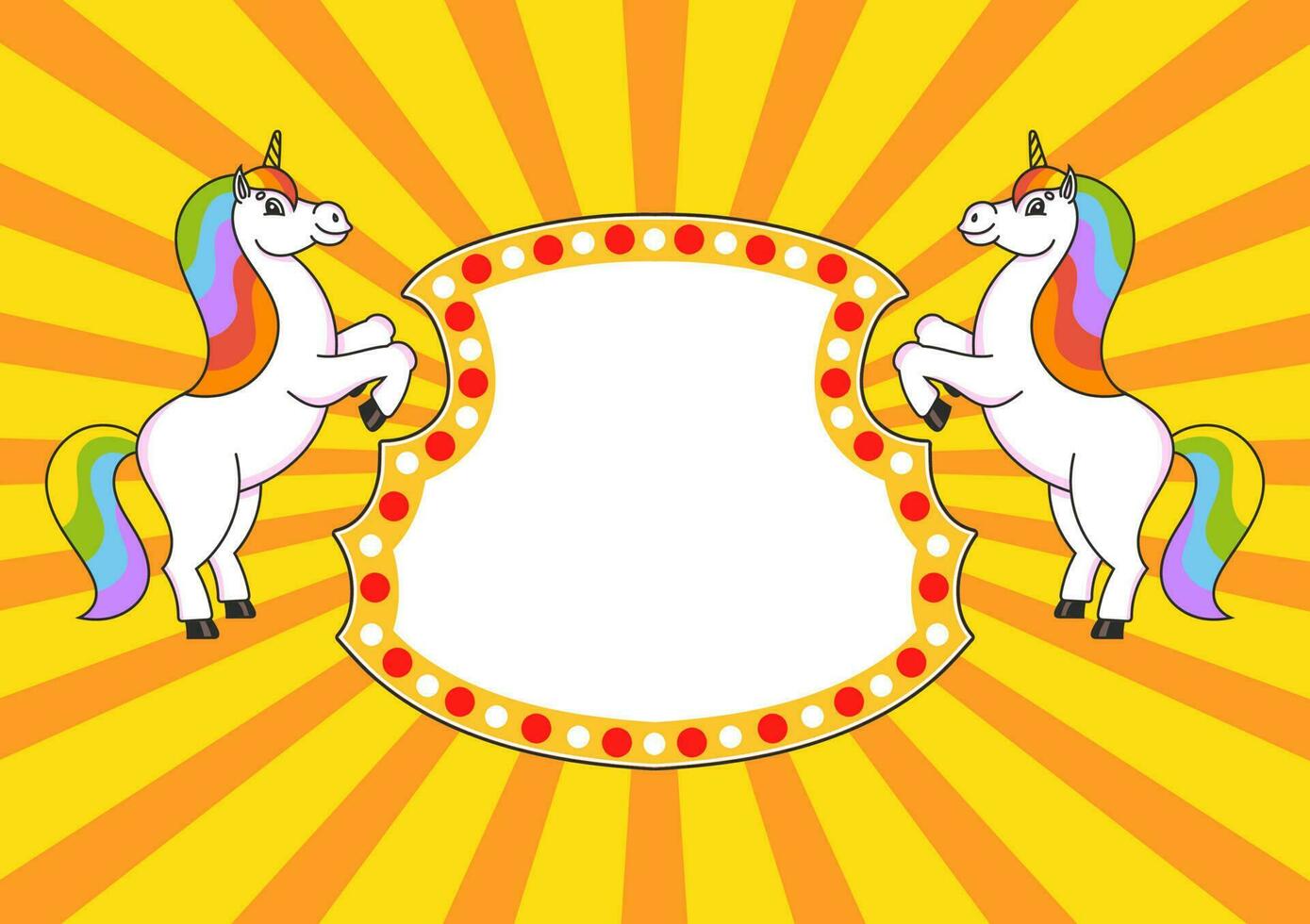 Two cute unicorns reared up. Cartoon style. Color bright illustration. With place for your text. For circus advertisements, advertising. vector