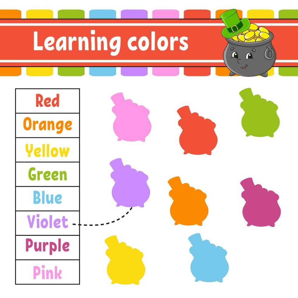 Learning colors. Education developing worksheet. Activity page with pictures. Game for children. Funny character. cartoon style. Vector illustration.