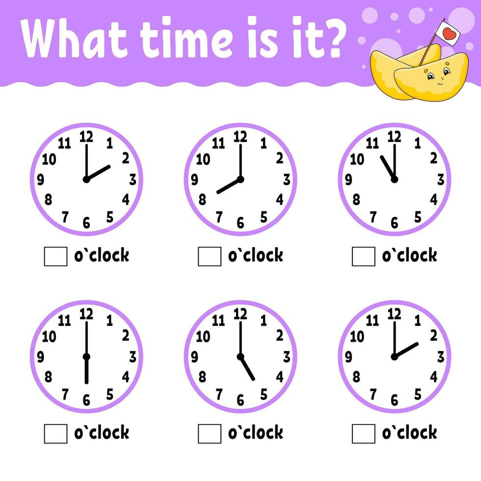 Learning time on the clock. Educational activity worksheet for kids and toddlers. Game for children. Simple flat isolated color vector illustration in cute cartoon style.