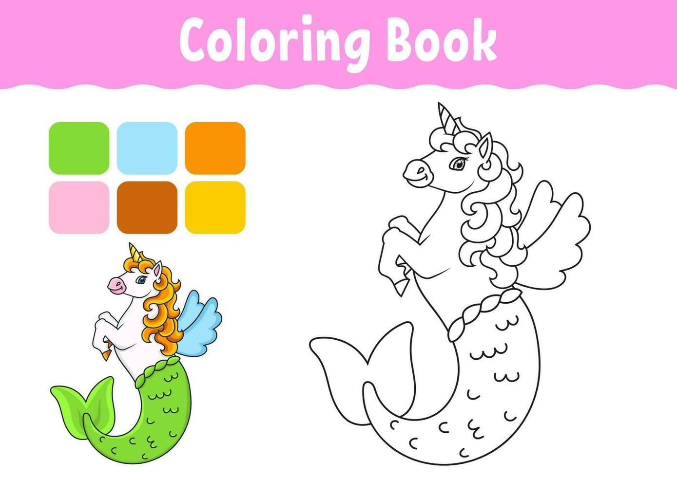 Coloring book for kids. Cute mermaid unicorn. Cheerful character. Vector illustration. Cute cartoon style. Fantasy page for children. Black contour. Isolated on white background.