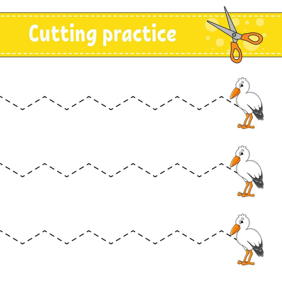 Cutting practice for kids. Education developing worksheet. Activity page. Color game for children. Vector illustration.