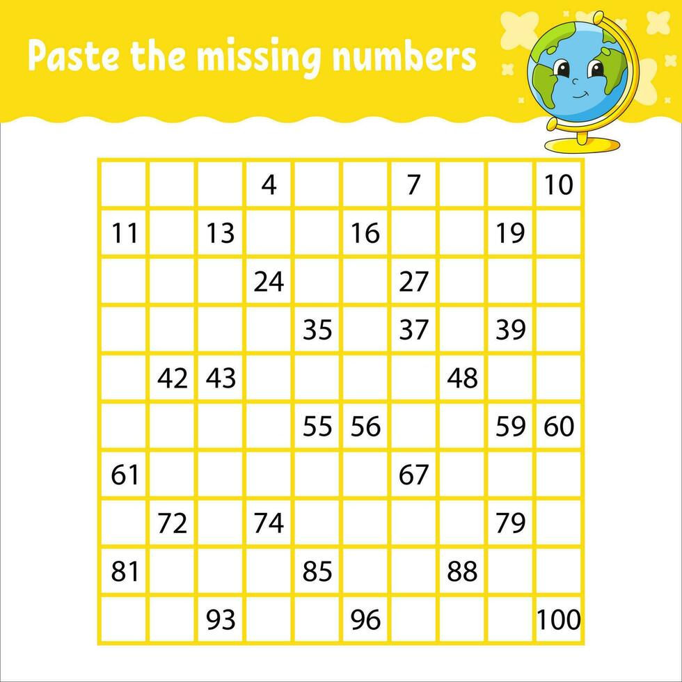 Paste the missing numbers from 1 to 100. Handwriting practice. Learning numbers for kids. Education developing worksheet. Activity page. Vector illustration.