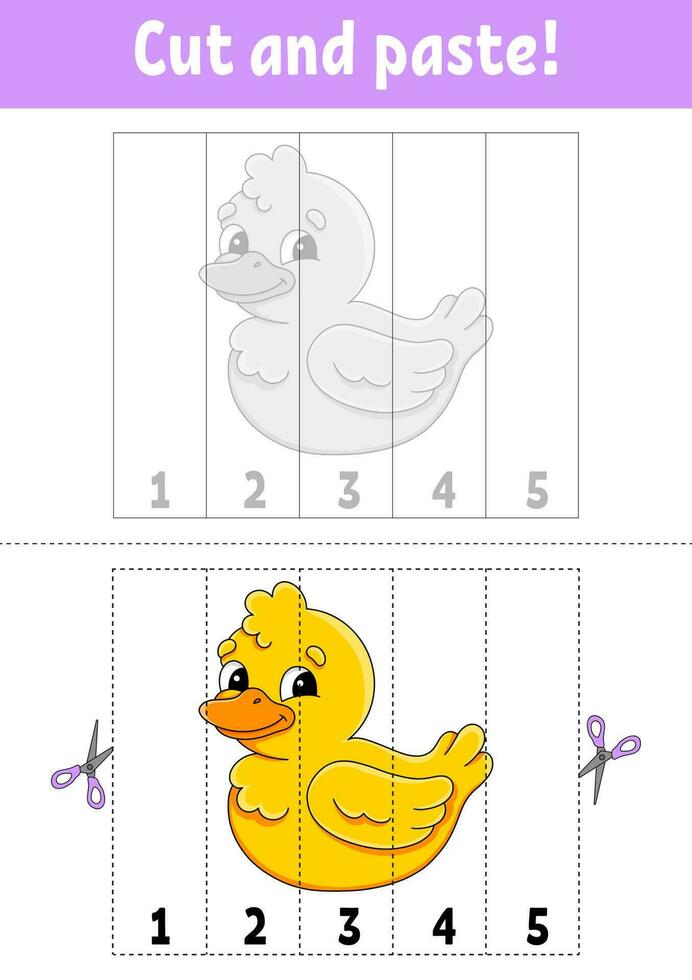 Learning numbers 1-5. Cut and glue. cartoon character. Education developing worksheet. Game for kids. Activity page. Vector illustration.