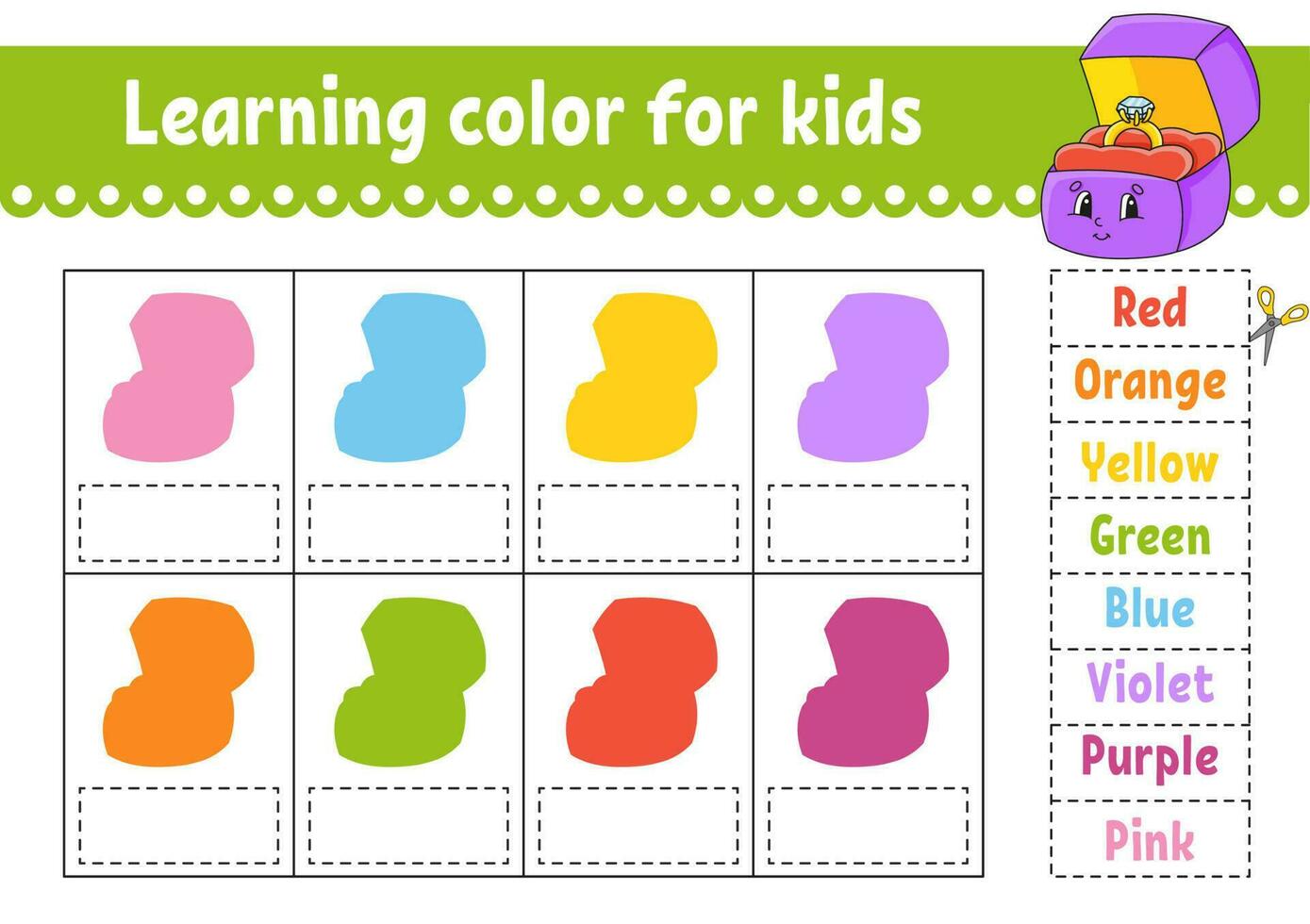 Learning color for kids. Education developing worksheet. Activity page with color pictures. Riddle for children. Funny character. cartoon style. Vector illustration.