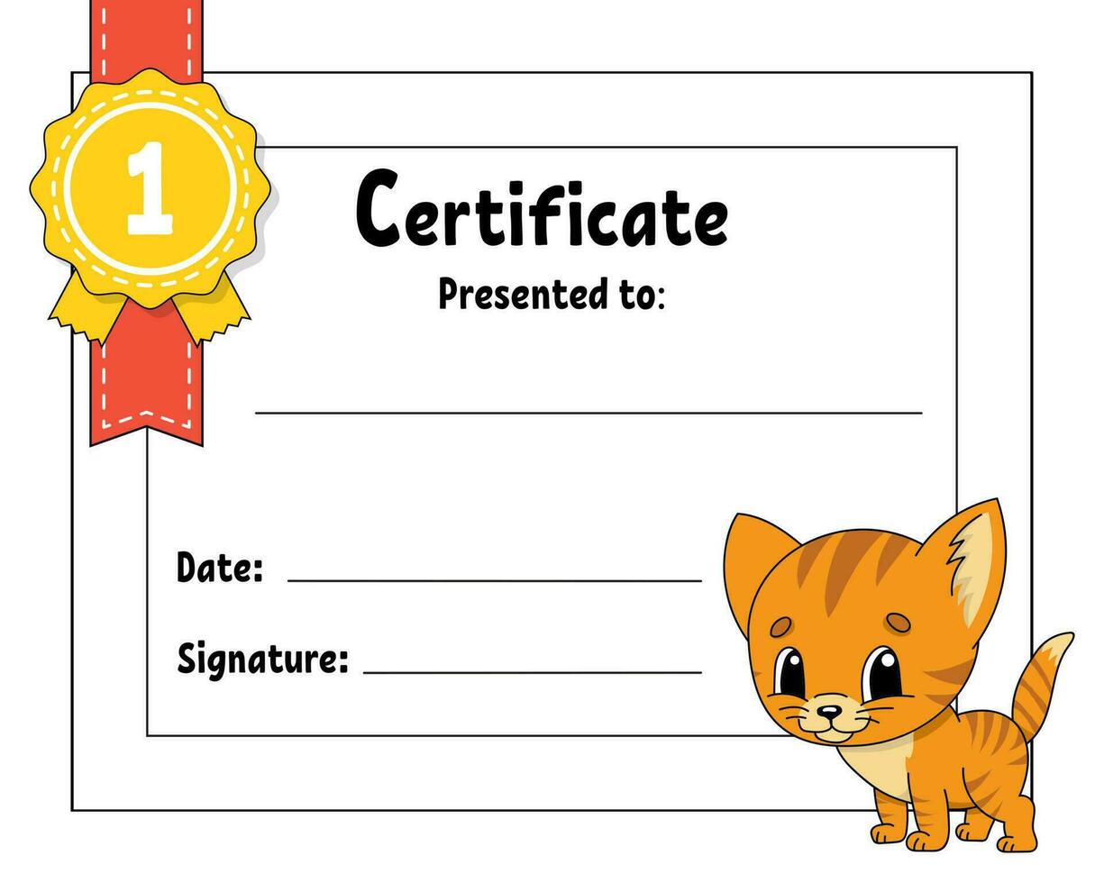 Certificate template for kids. Colorful school and preschool diploma. With cute character. Vector illustration.