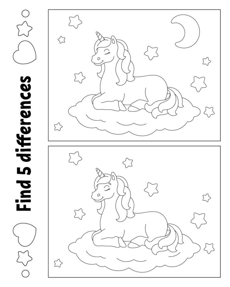 Find five differences. Coloring page for kids. Activity worksheet for children. Vector illustration isolated on white background.