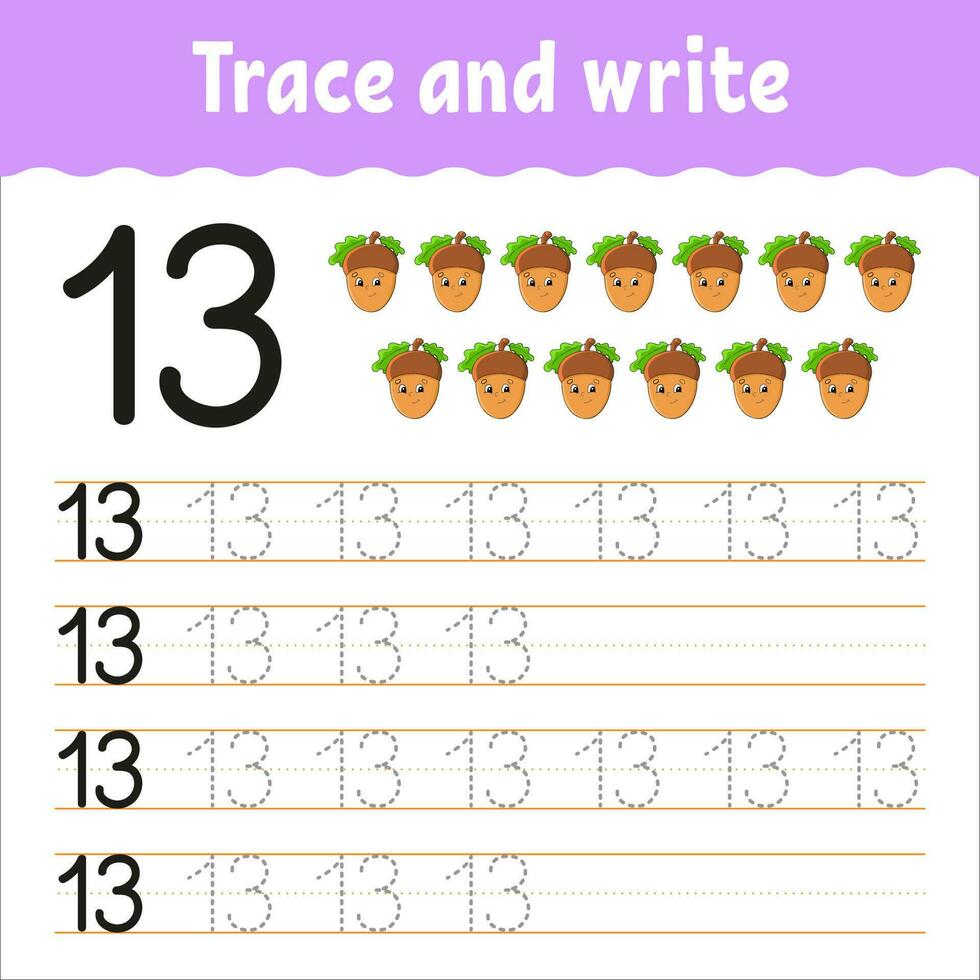 Learn Numbers. Trace and write. Handwriting practice. Learning numbers for kids. Education developing worksheet. Color activity page. Vector illustration.