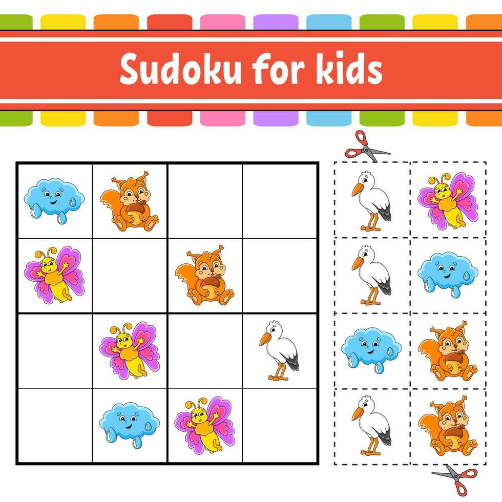 sudoku para niños. hoja de trabajo de desarrollo educativo. página de actividades con imágenes. juego de rompecabezas para niños. entrenamiento del pensamiento lógico. personaje divertido ilustración vectorial vector
