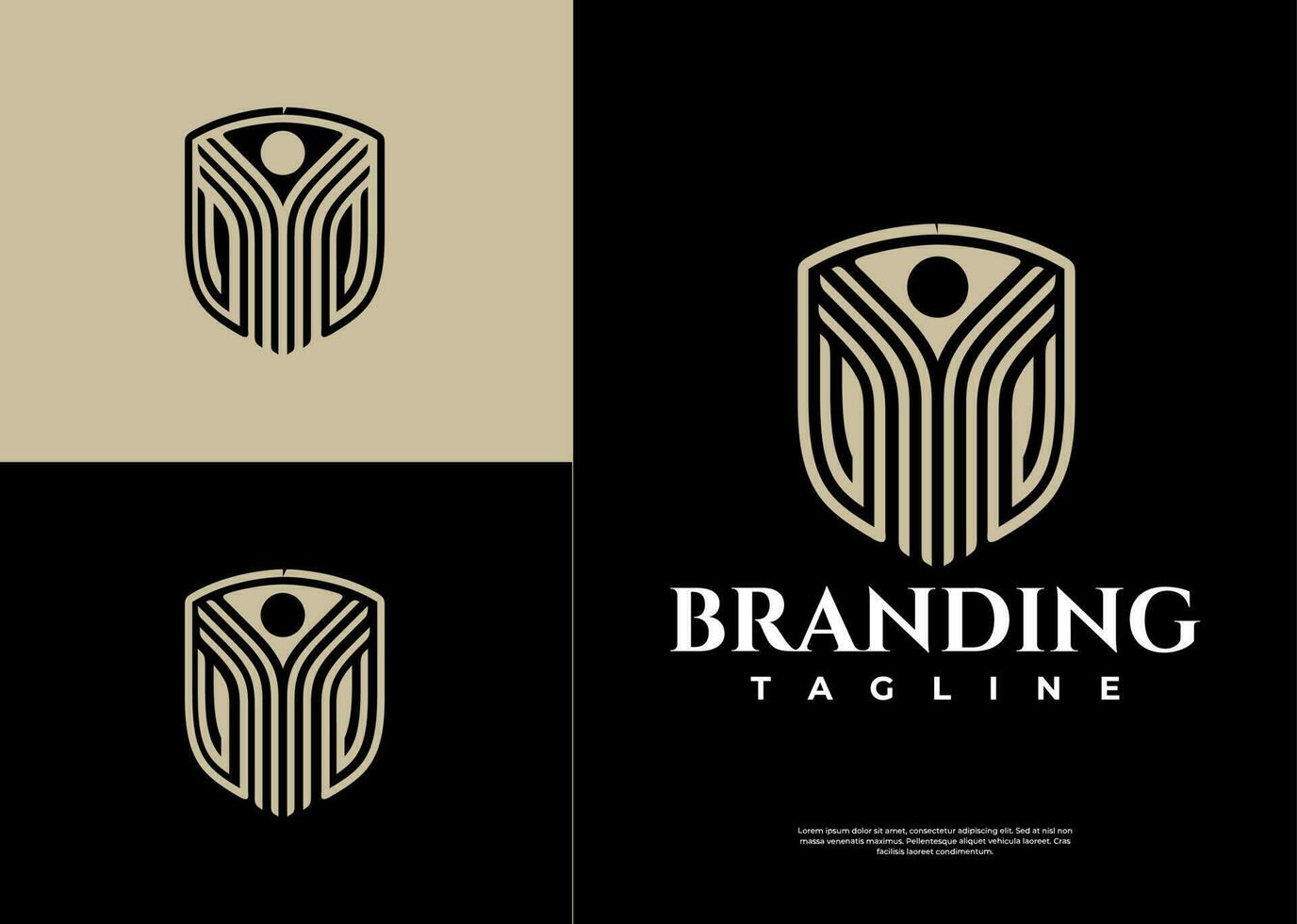 Elegance geometric abstract human shield logo design. Luxury line people logo. vector