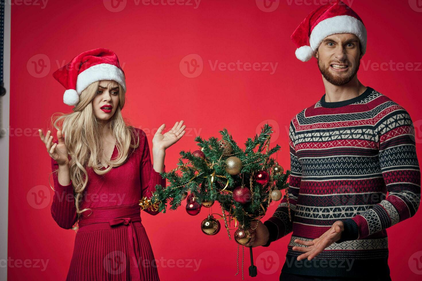 un hombre con un Navidad árbol en su manos siguiente a un mujer emociones fiesta decoración foto