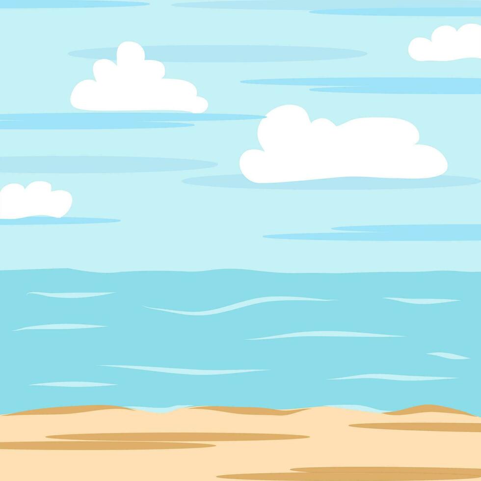 Beach background vector, cloud, wave, sea, ocean, sky, sand. Beach landscape-digital painting illustration. Vector illustration-ocean on background. Banner, site, poster template.