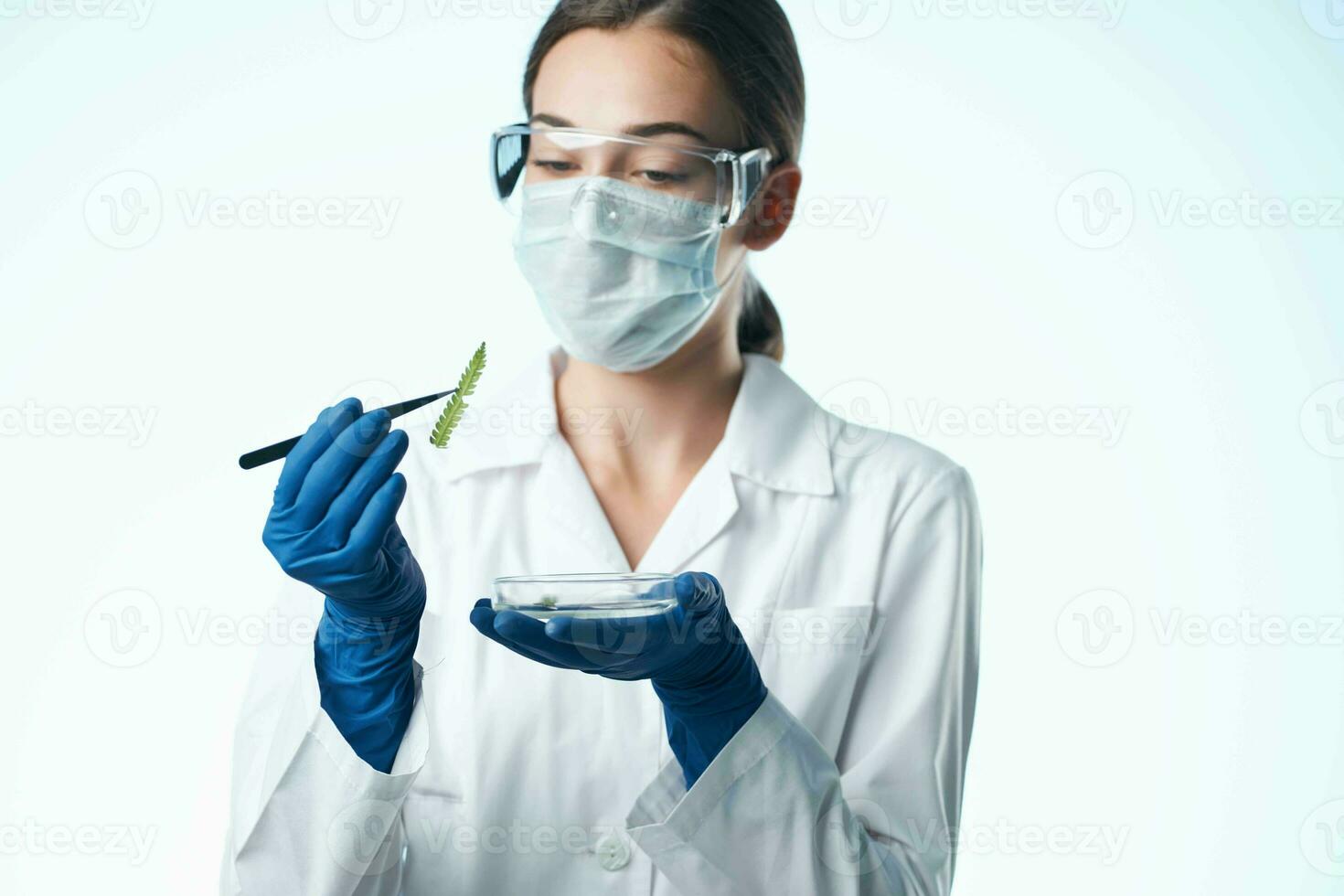 woman laboratory assistant medical mask research laboratory science photo