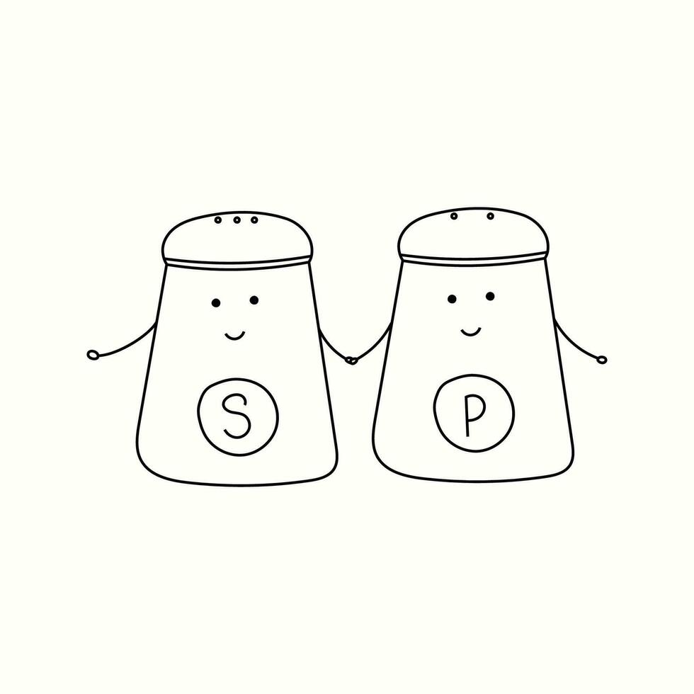 Vector illustration of salt and pepper shaker, friendship, in doodle style.
