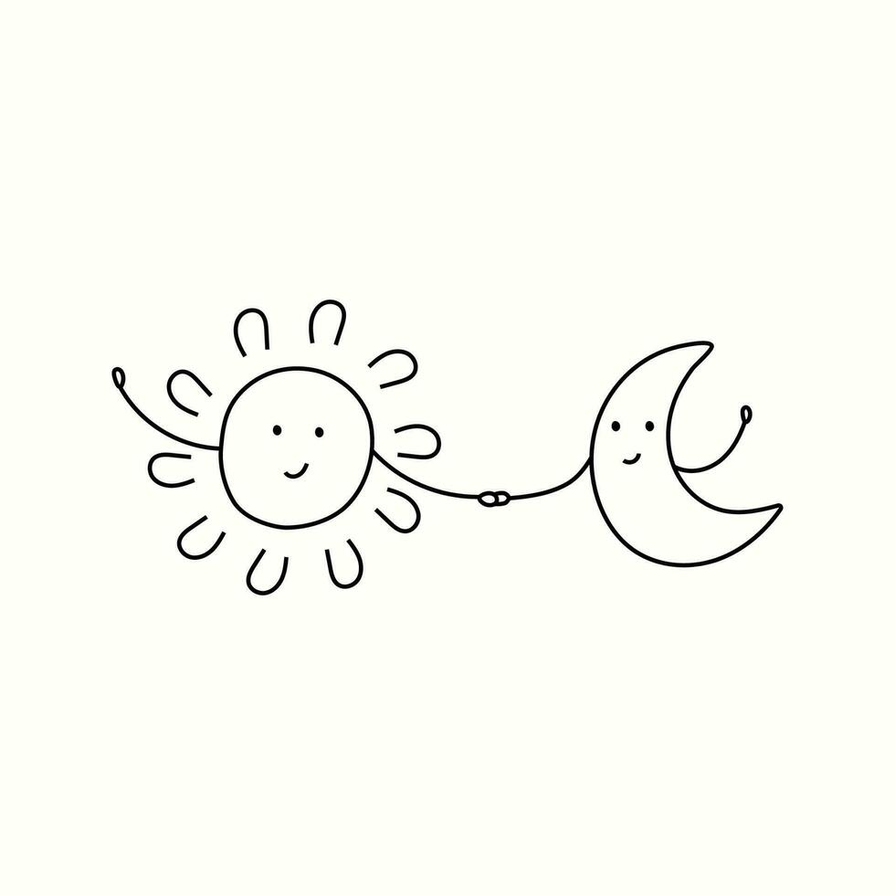 Vector illustration of sun and moon, friendship in doodle style.