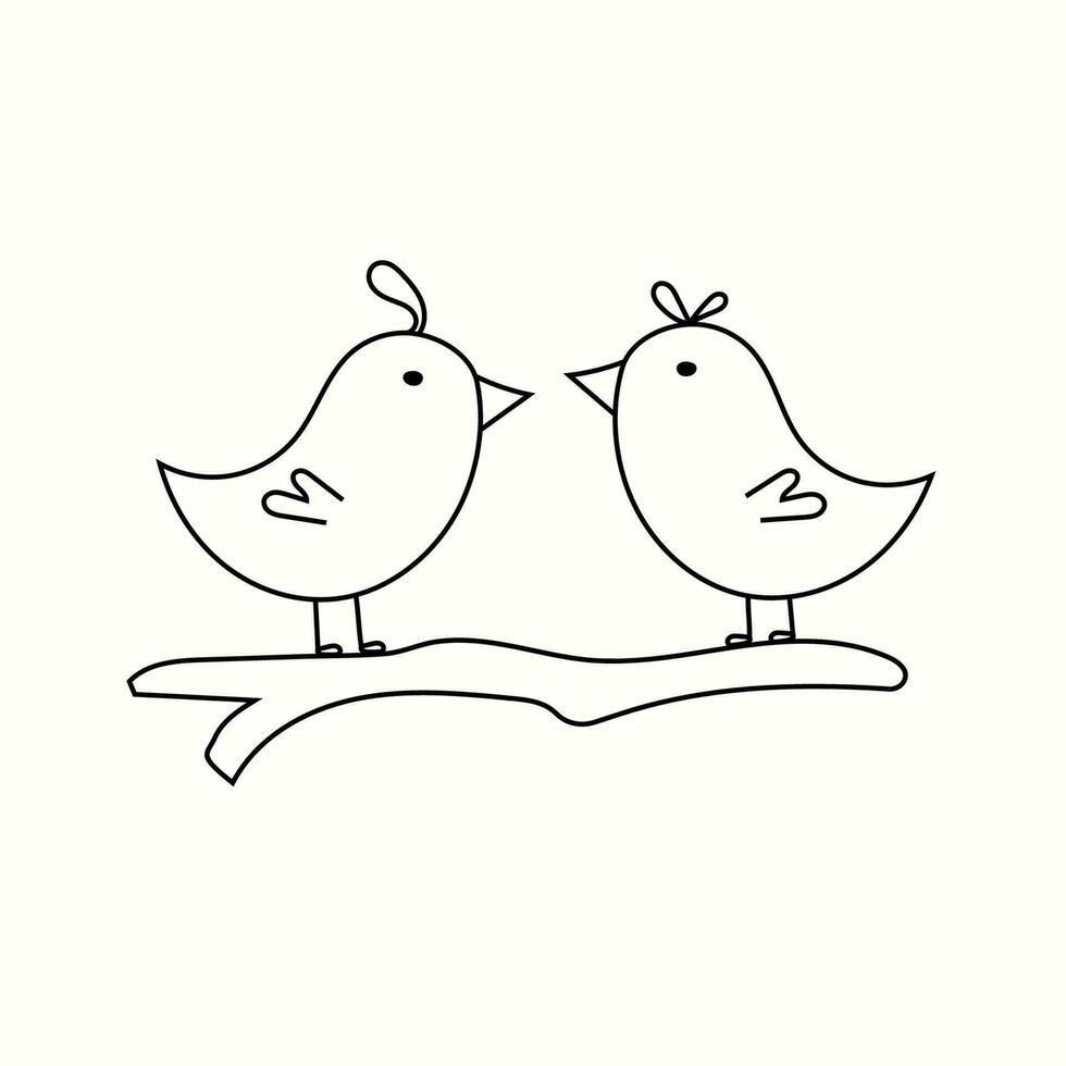 Vector illustration of two birds on a branch, friendship, in doodle style.