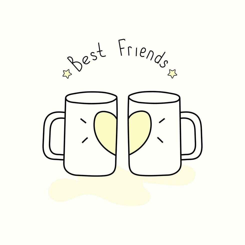 Vector illustration of two mugs, friendship, in doodle style
