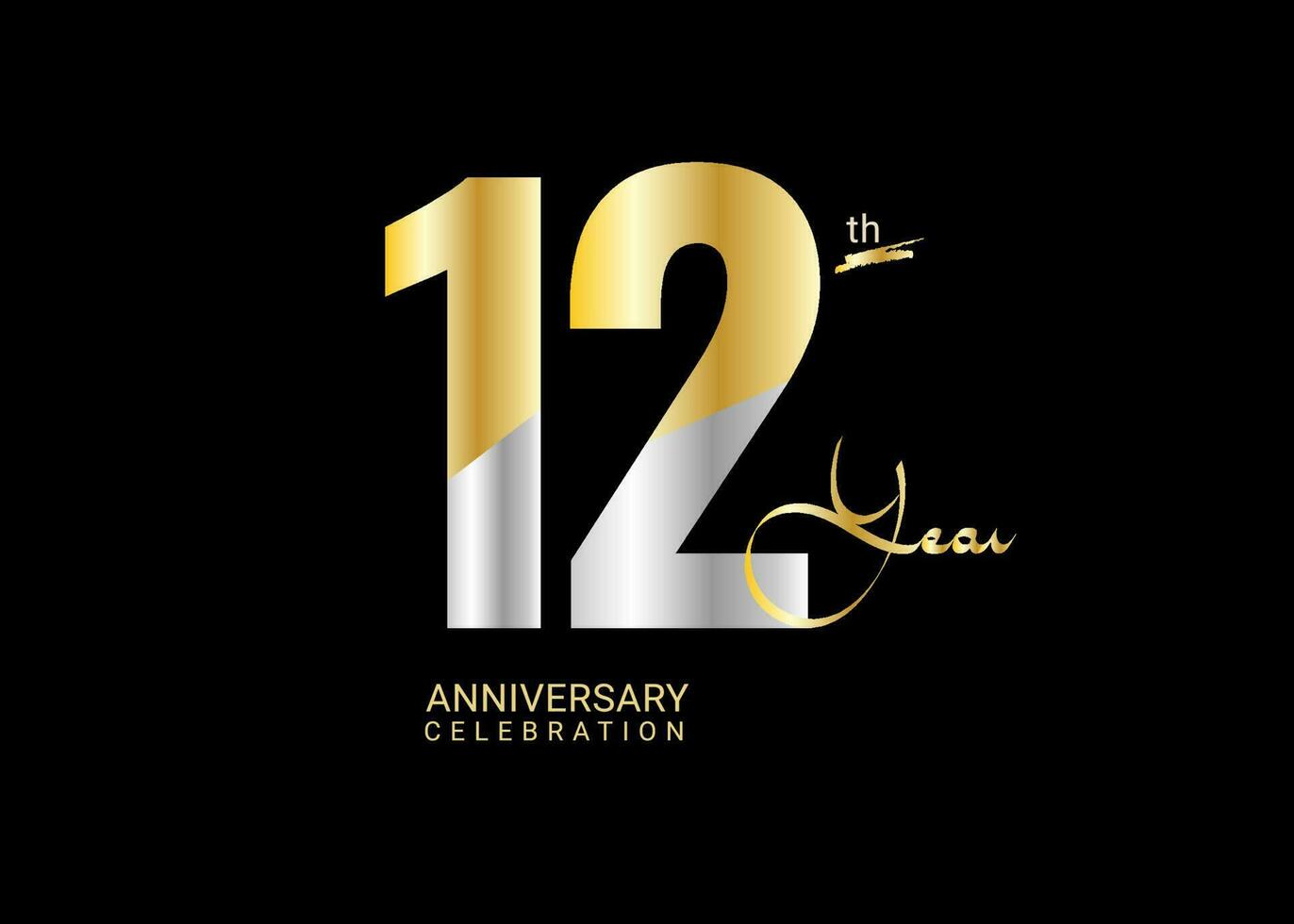 12 Years Anniversary Celebration gold and silver Vector Template, 12 number logo design, 12th Birthday Logo,  logotype Anniversary, Vector Anniversary For Celebration, poster, Invitation Card