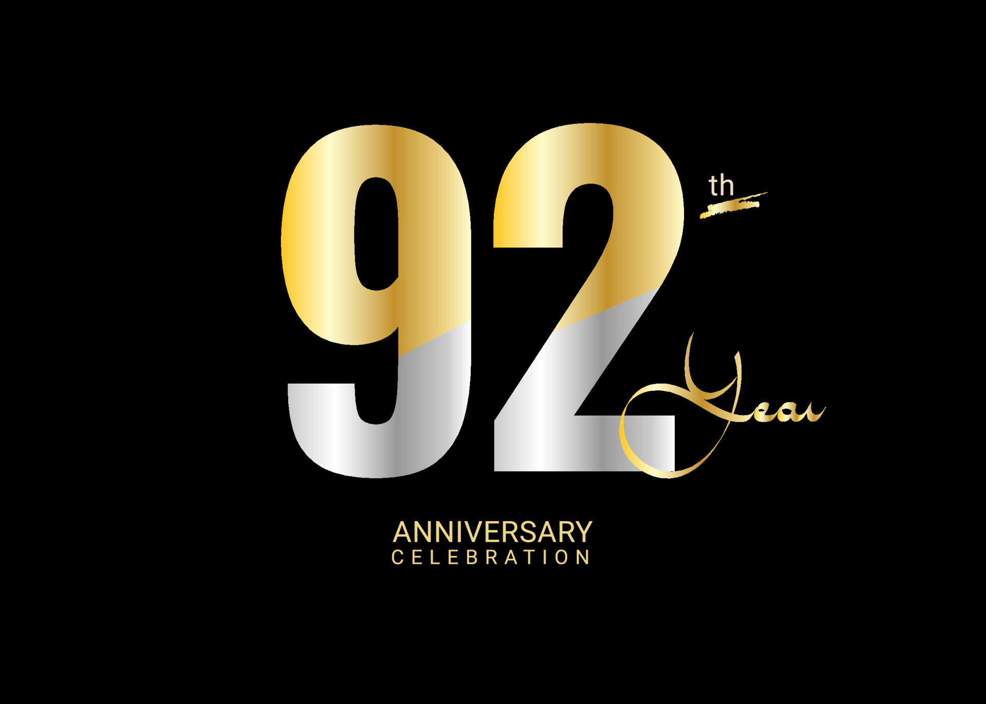 92 Years Anniversary Celebration gold and silver Vector Template, 92 number logo design, 92th