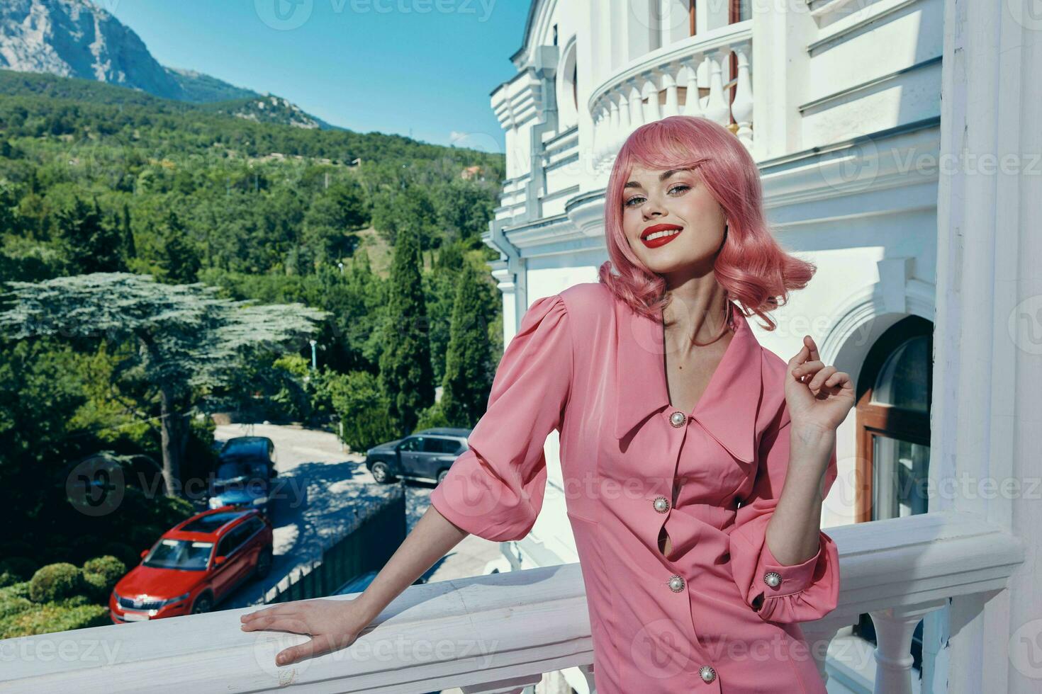 glamorous woman in a pink dress outdoors nature view Summer day photo