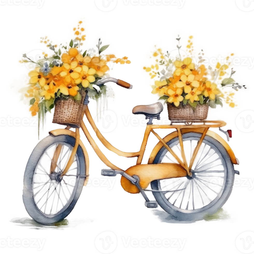 Cute watercolor bicycle with flowers. Illustration png