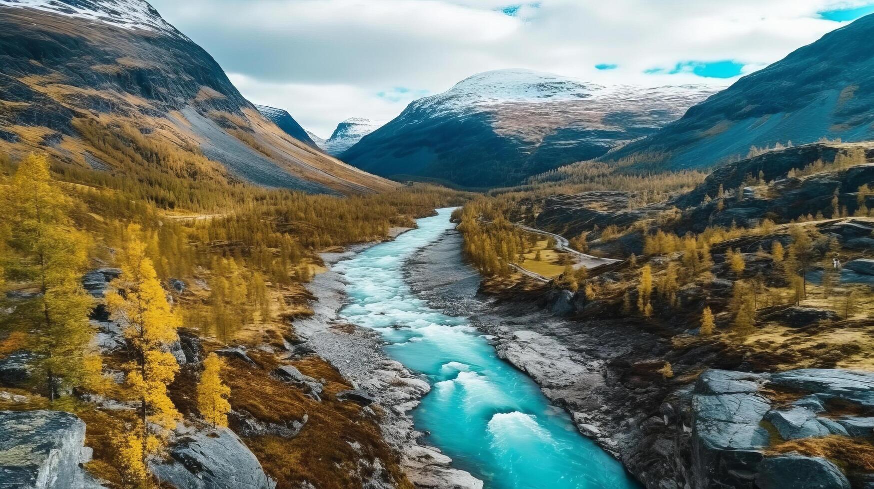 río en montaña. ilustración ai generativo foto