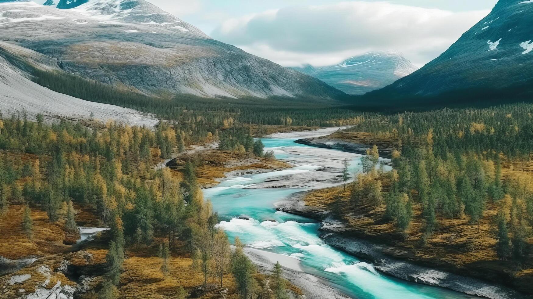 río en montaña. ilustración ai generativo foto