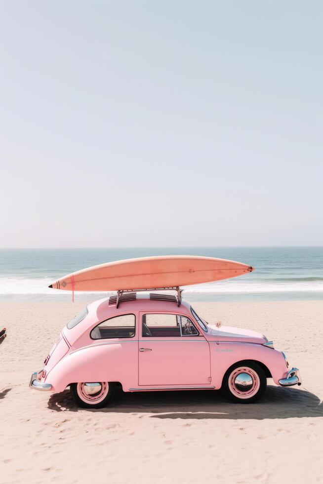 Pink car with surfboard. Illustration photo