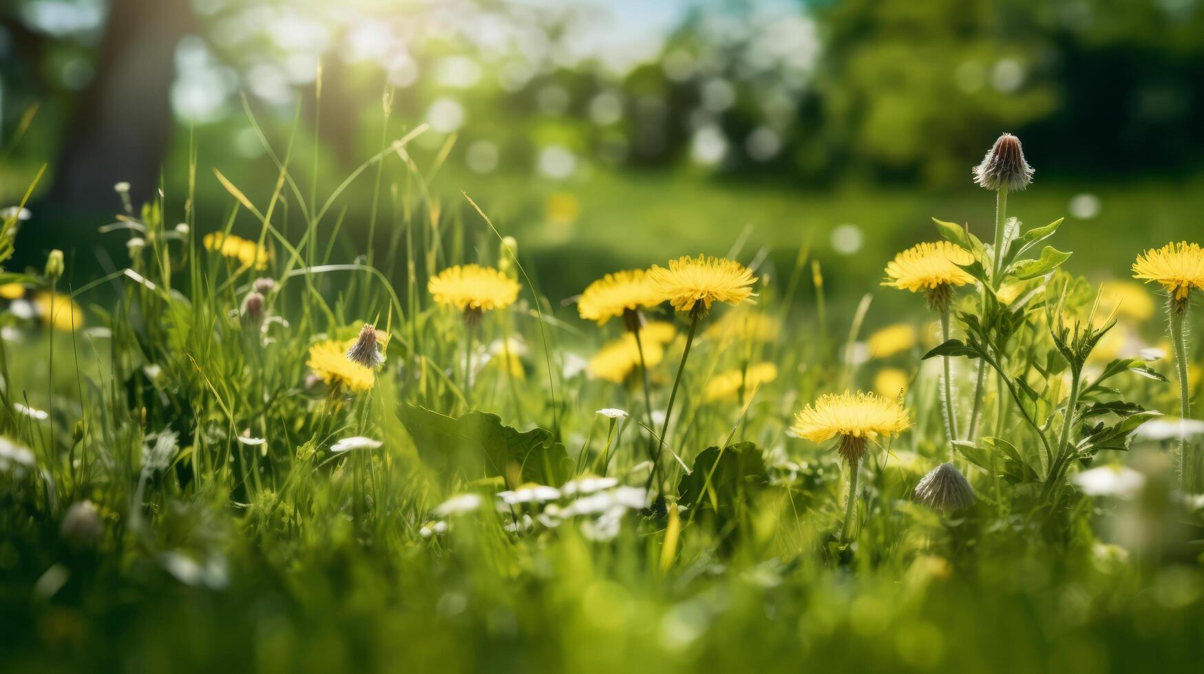 prado de amarillo diente de león. ilustración ai generativo foto