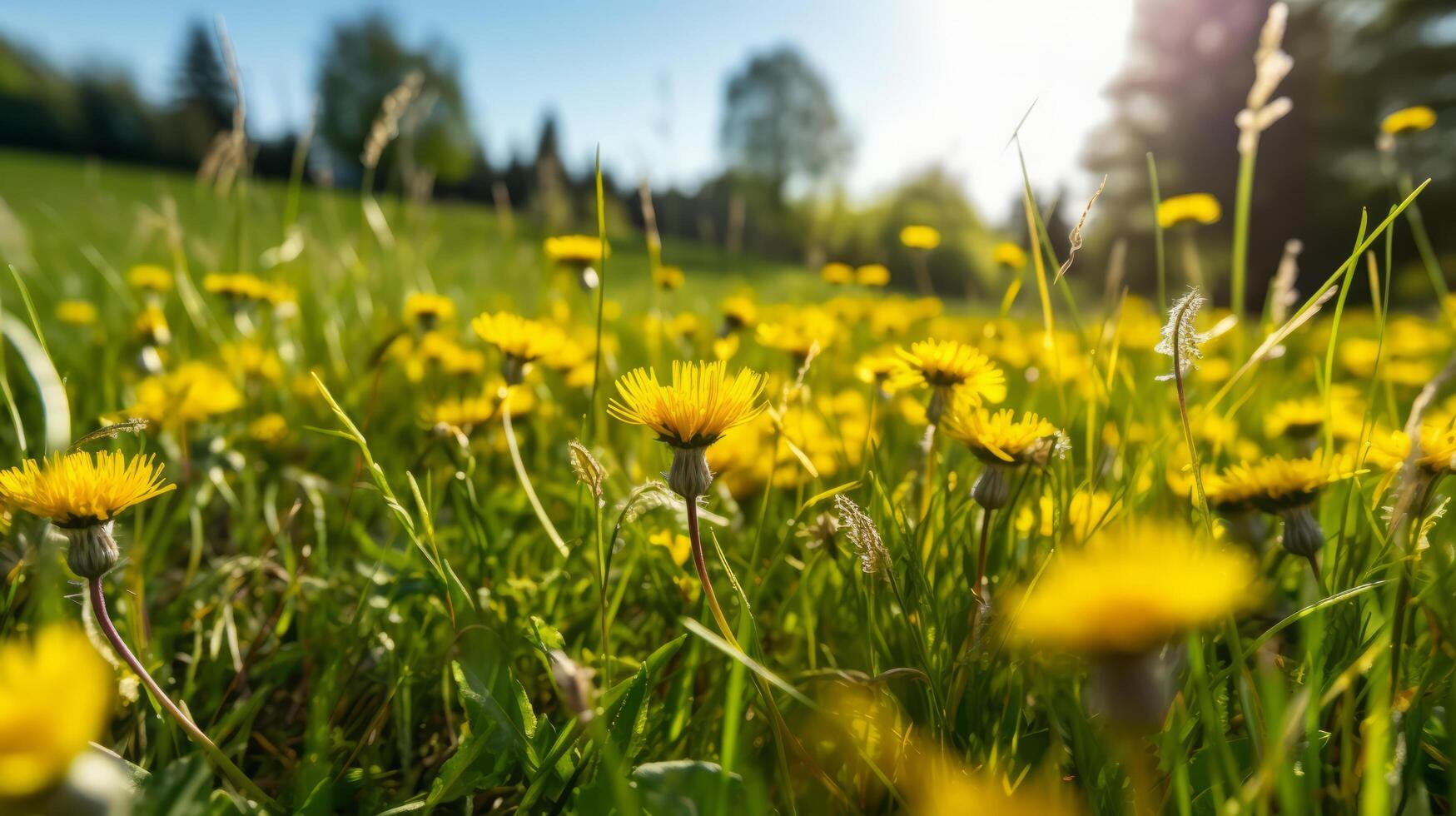 prado de amarillo diente de león. ilustración ai generativo foto