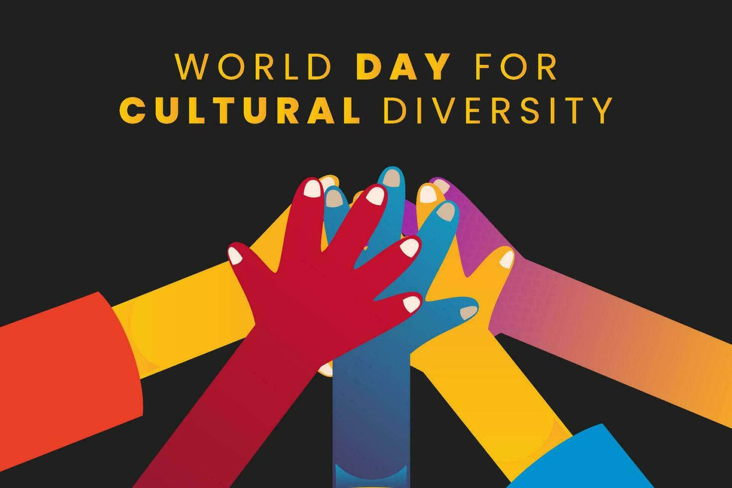 mundo día para cultural diversidad letras con manos de personas de diferente piel color vector